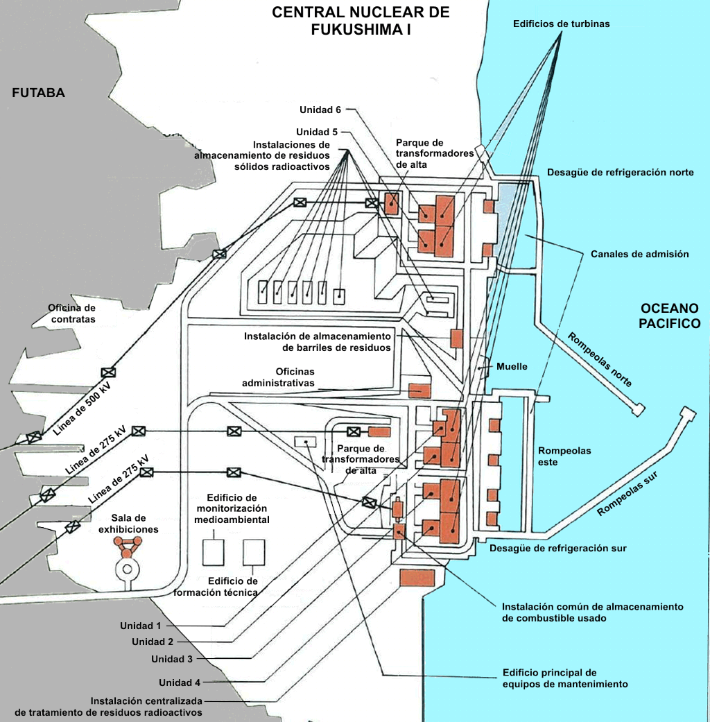 Plano de la central nuclear de Fukushima I. (Clic para ampliar) Plano de la central nuclear de Fukushima I. (Clic para ampliar)