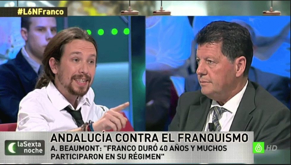 Pablo Iglesias y Alfonso Rojo durante el debate de 'La Sexta Noche', en marzo de 2014.