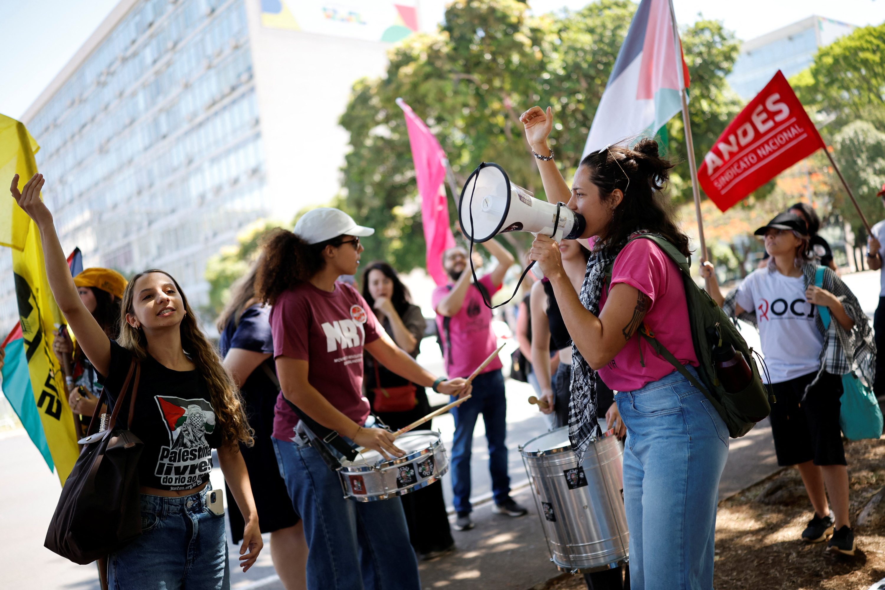 Manifestacion en apoyo a la Global Sumud Flotilla en Brasilia.