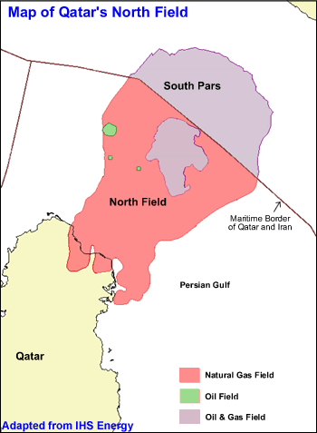 Mapa del yacimiento de gas North Field-South Pars Mapa del yacimiento de gas North Field/South Pars, en el golfo Pérsico.