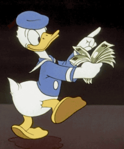 Pato Donald contando dinero. 