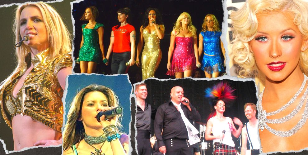 Collage de los iconos del pop Spice Girls, Aqua, Britney Spears, Christina Aguilera y Shanaia Twiain